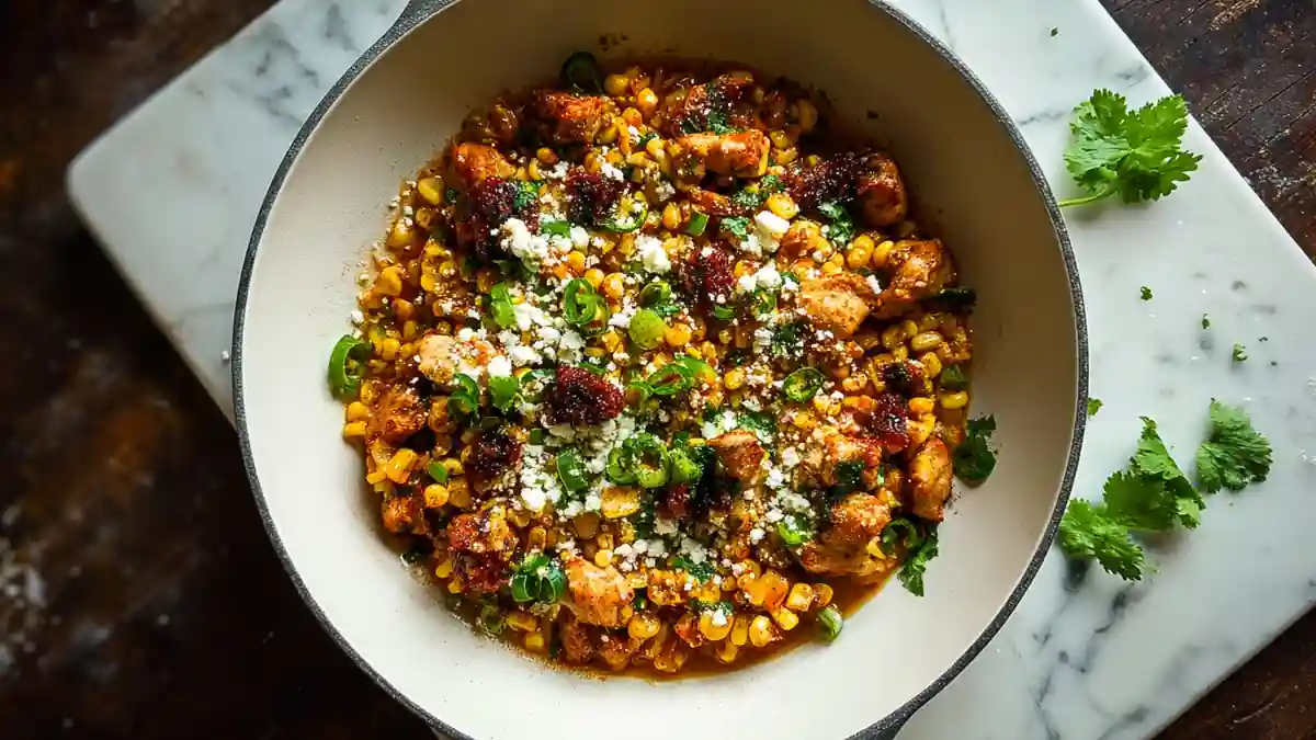 mexican-style chicken and corn skillet topped with cotija cheese, jalapeños, and chili powder