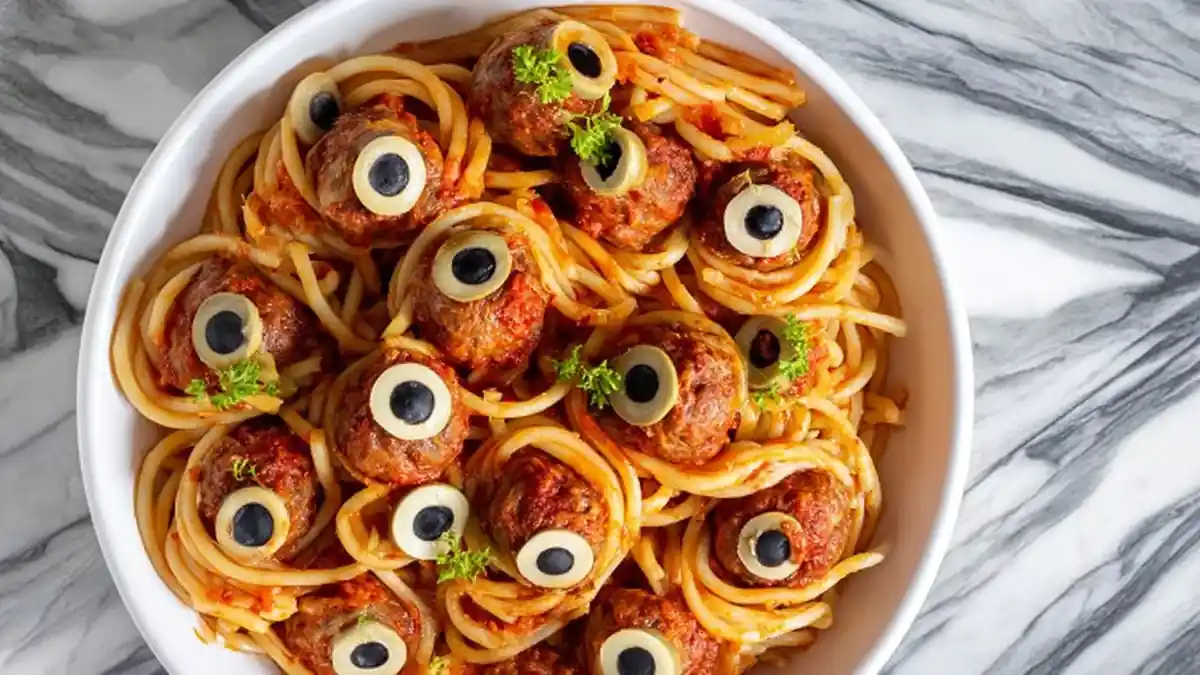 spaghetti and meatballs decorated with olive eyeballs in a white bowl on marble