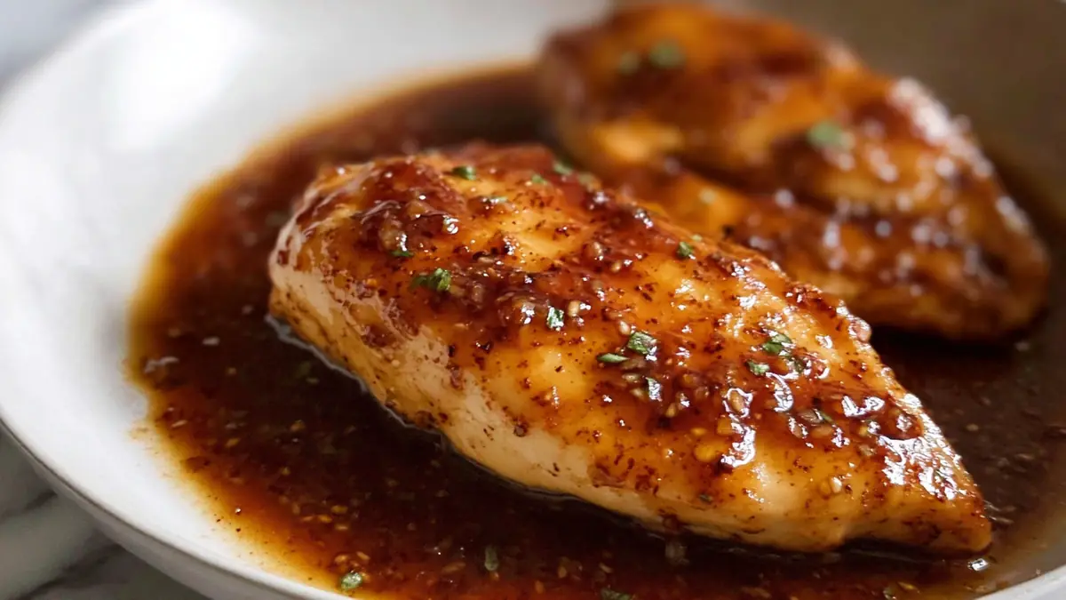 juicy chicken breasts glazed with honey garlic sauce and garnished with fresh herbs