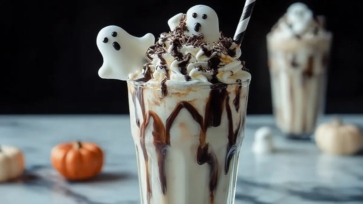 spooky ghost-themed milkshake with whipped cream, chocolate drizzle, and candy ghosts