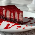 slice of red velvet cheesecake with blood-red raspberry sauce dripping over chocolate crust