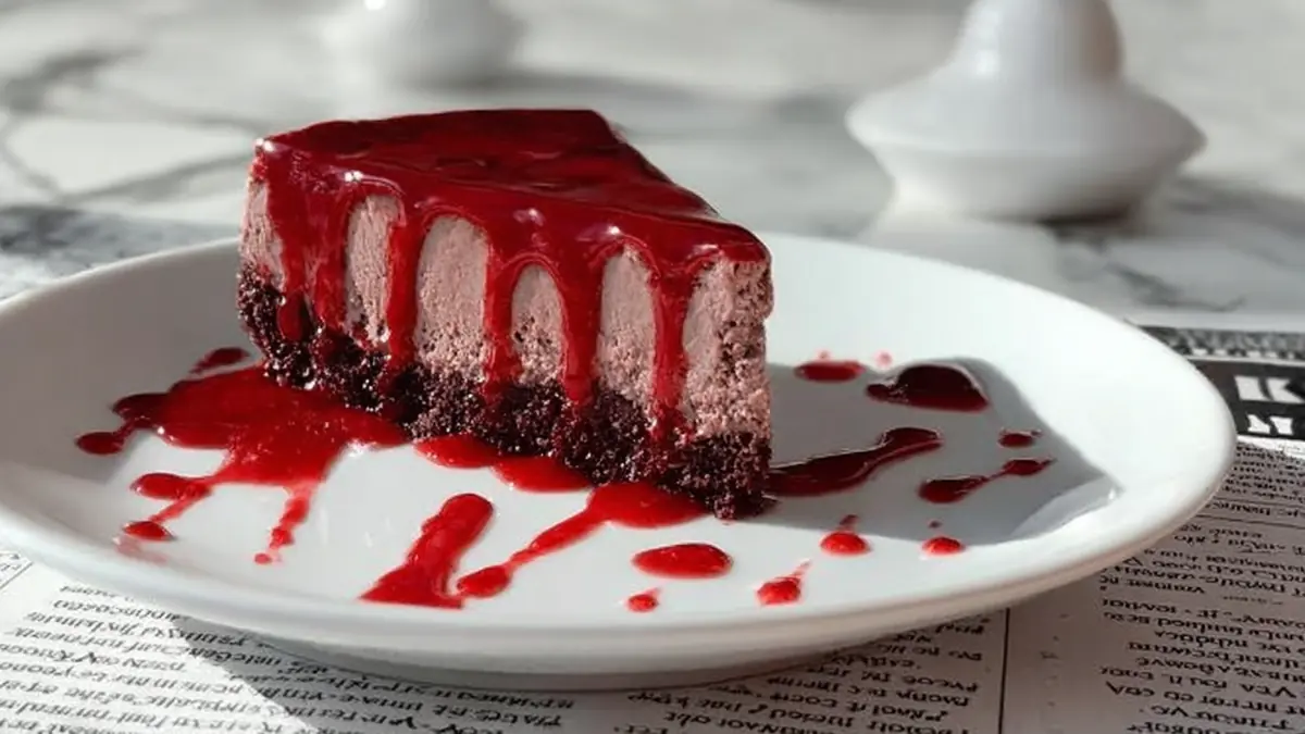 slice of red velvet cheesecake with blood-red raspberry sauce dripping over chocolate crust