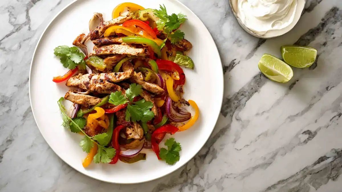 grilled chicken strips with colorful bell peppers, onions, cilantro, and lime on a plate