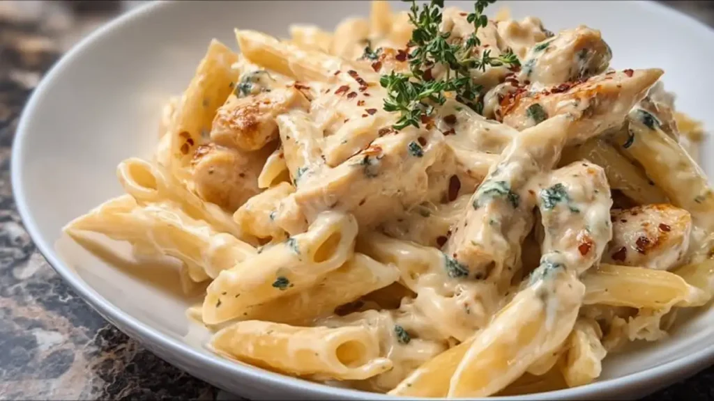creamy penne pasta with chicken, herbs, and Alfredo sauce served in a white bowl