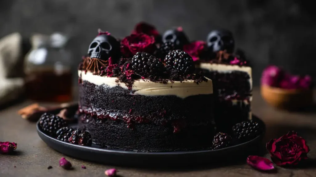 rich chocolate cake topped with blackberries, roses, and black skull décor