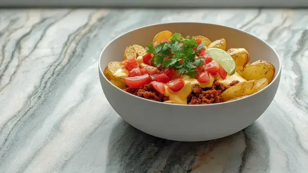 loaded taco bowl with golden baby potatoes, ground beef, nacho cheese, diced tomatoes, cilantro, and lime wedge