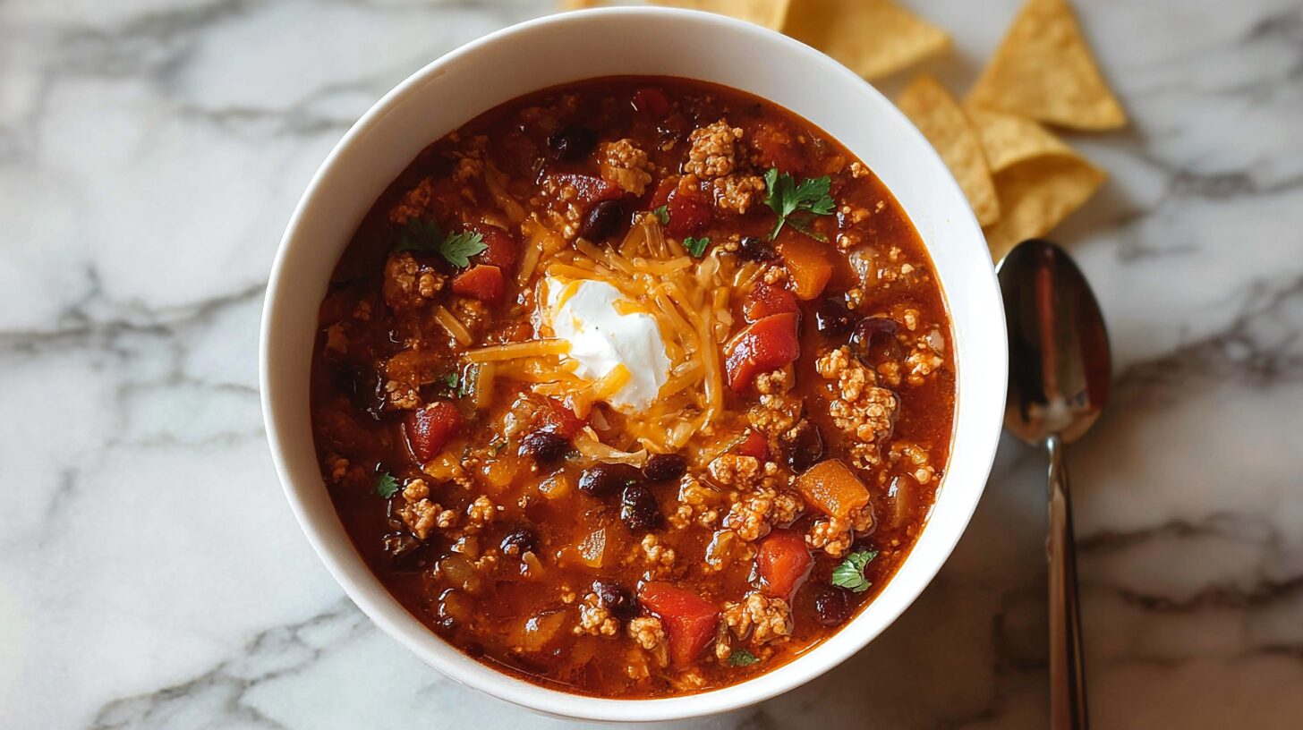 hearty chili bowl with ground turkey, black beans, tomatoes, shredded cheese, and sour cream topping