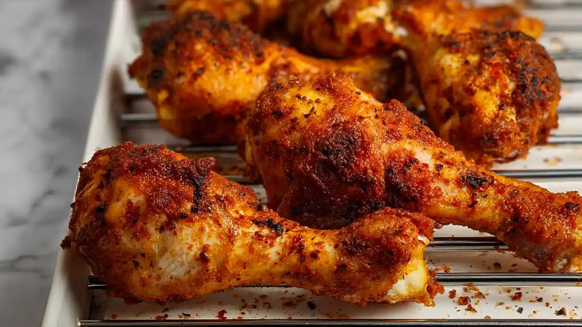 close-up of crispy grilled chicken drumsticks coated in spicy seasoning on a cooling rack