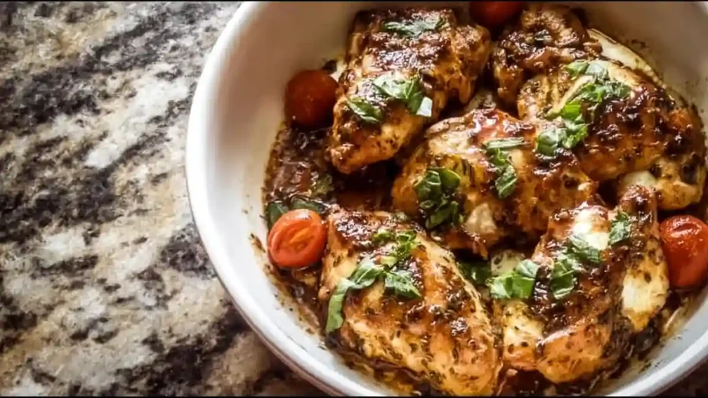 baked chicken breasts in garlic herb sauce with cherry tomatoes and basil