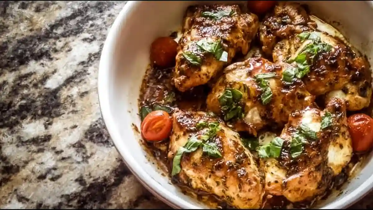 baked chicken breasts in garlic herb sauce with cherry tomatoes and basil
