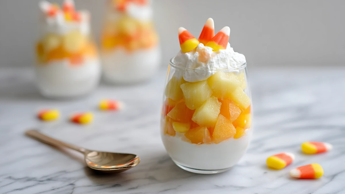 candy corn fruit parfait with whipped cream and pineapple in glass cup