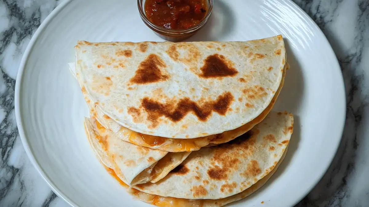 jack-o'-lantern shaped cheese quesadillas with salsa on white plate