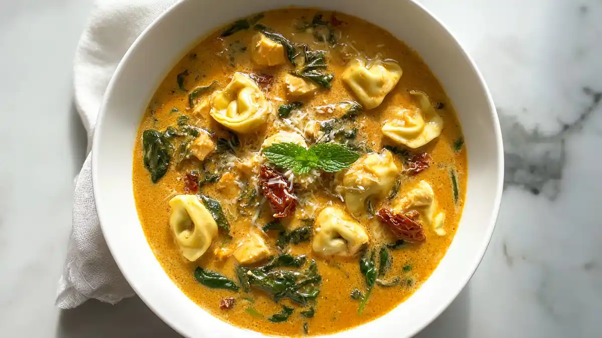 Creamy tortellini soup with spinach, sun-dried tomatoes, and herbs in a white bowl