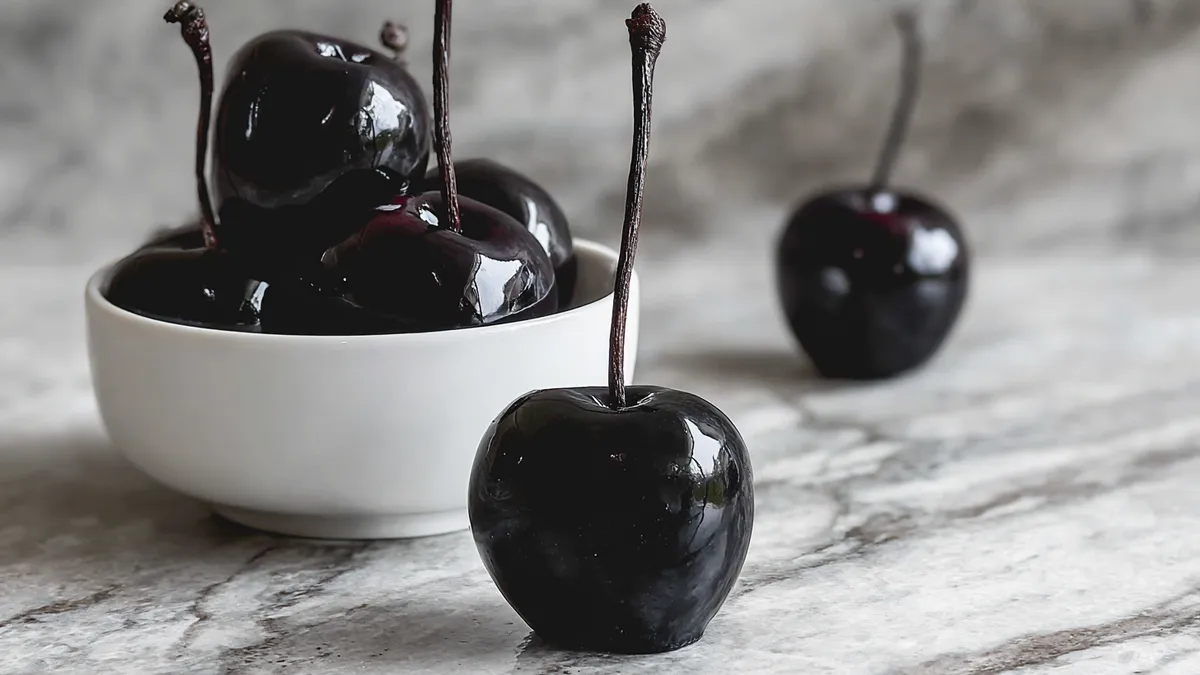 glossy black candied apples with long stems in white bowl and on marble surface