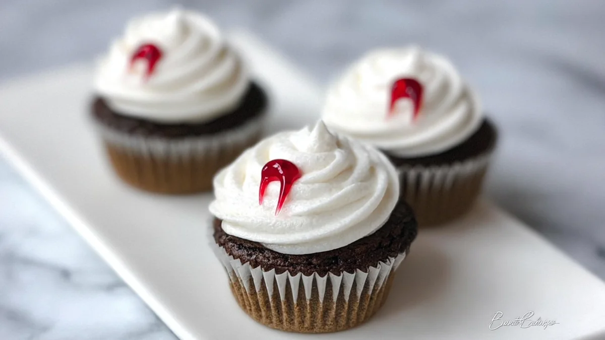 chocolate cupcakes with white frosting and red vampire bite gel on marble tray