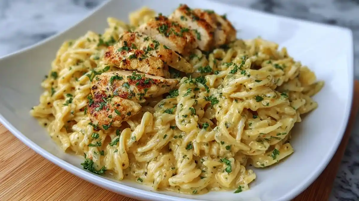 creamy twisted pasta topped with sliced grilled chicken and fresh parsley