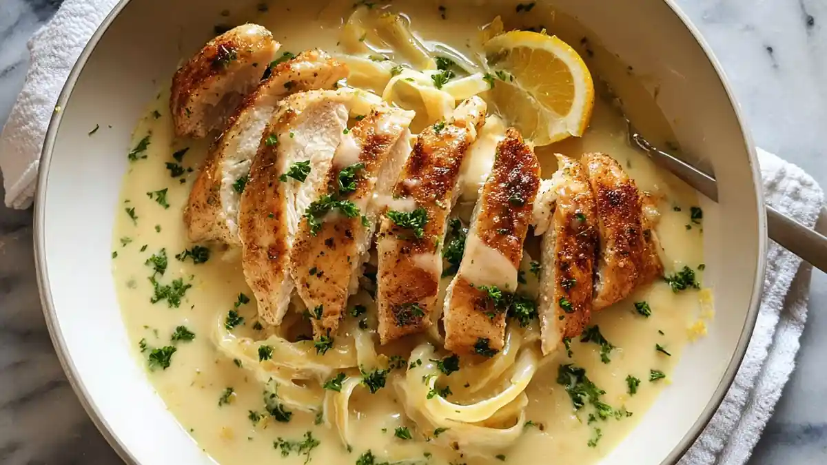 sliced chicken breast over creamy lemon pasta with parsley in shallow bowl