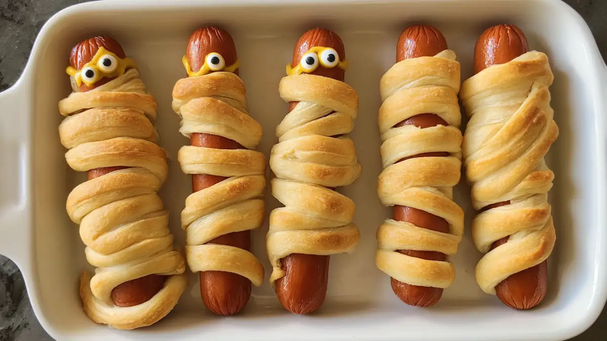 crescent-wrapped hot dogs styled as mummies with candy eyes in white baking dish