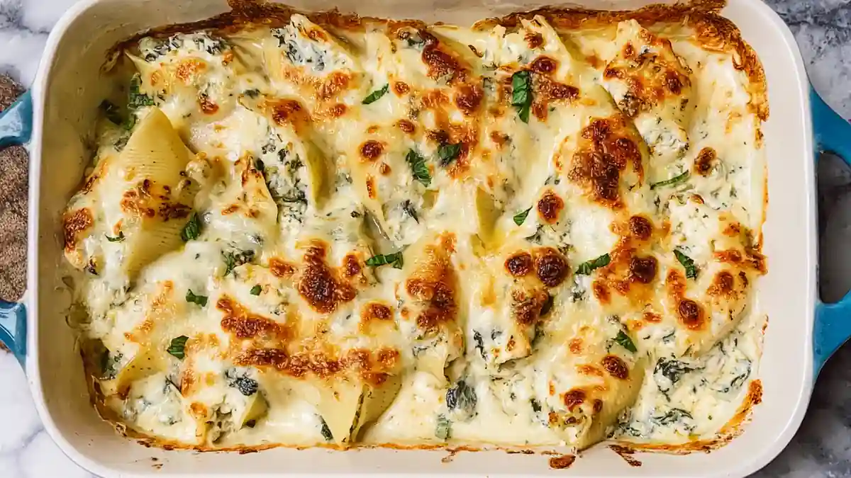 baked pasta shells stuffed with ricotta and spinach, topped with golden bubbly cheese