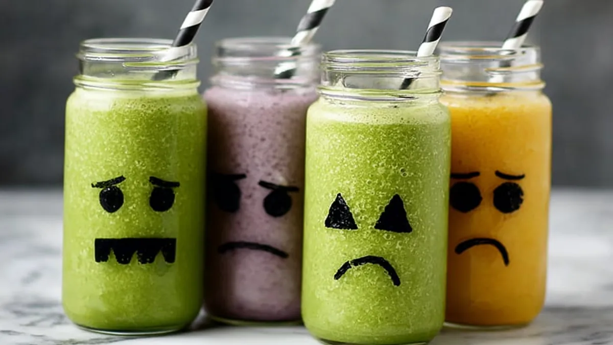 assorted smoothies in jars decorated with Halloween faces and striped straws