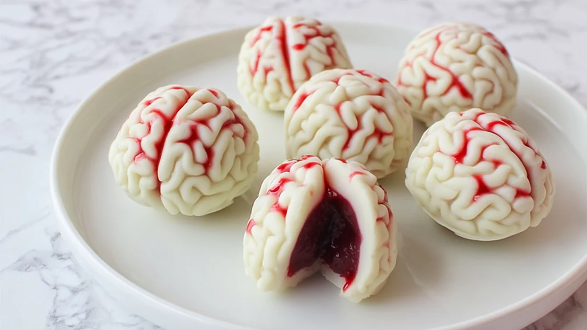 white chocolate brain-shaped truffles with raspberry filling oozing on a white plate
