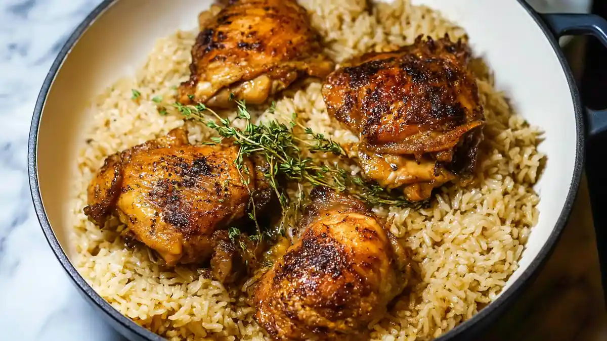 golden-brown chicken thighs with herbs served over fluffy seasoned rice in a pan