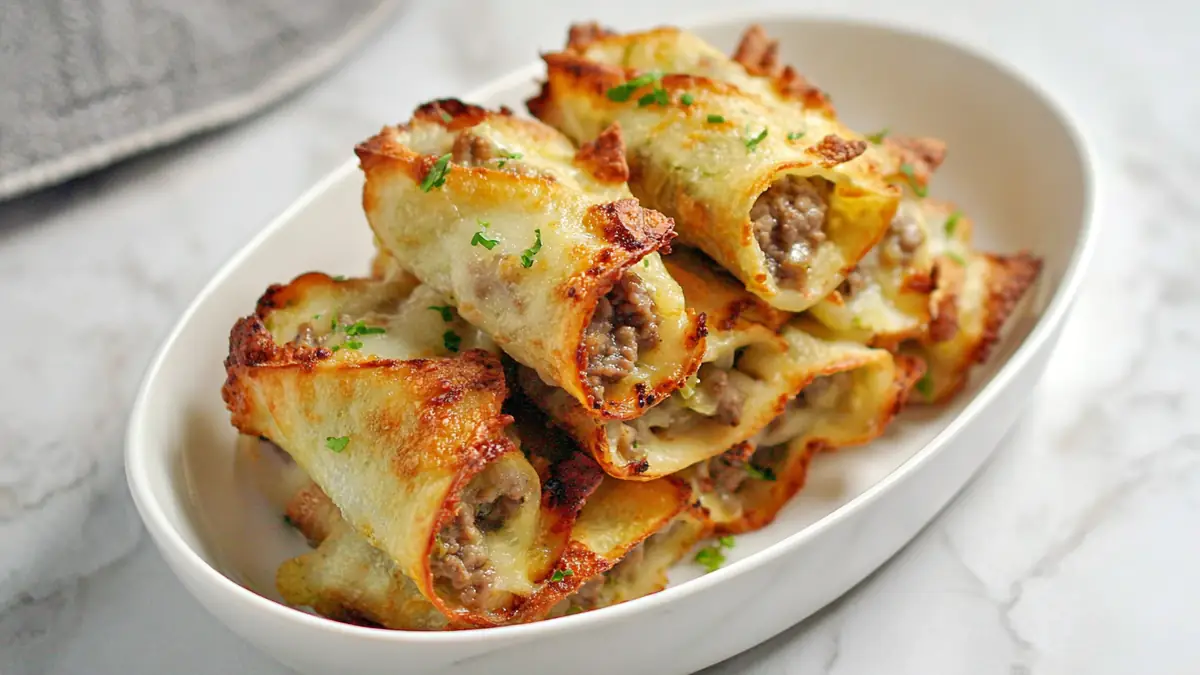 Golden baked cannelloni rolls filled with ground beef and melted cheese, stacked in white dish