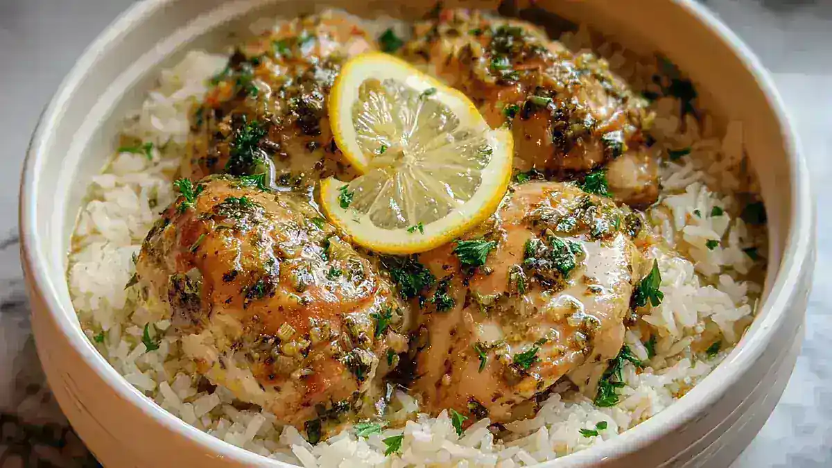 juicy lemon herb chicken thighs served over white rice with parsley garnish