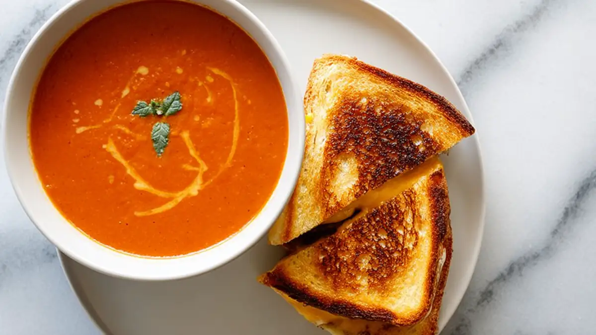 bowl of tomato soup with cream swirl and grilled cheese sandwich on white plate