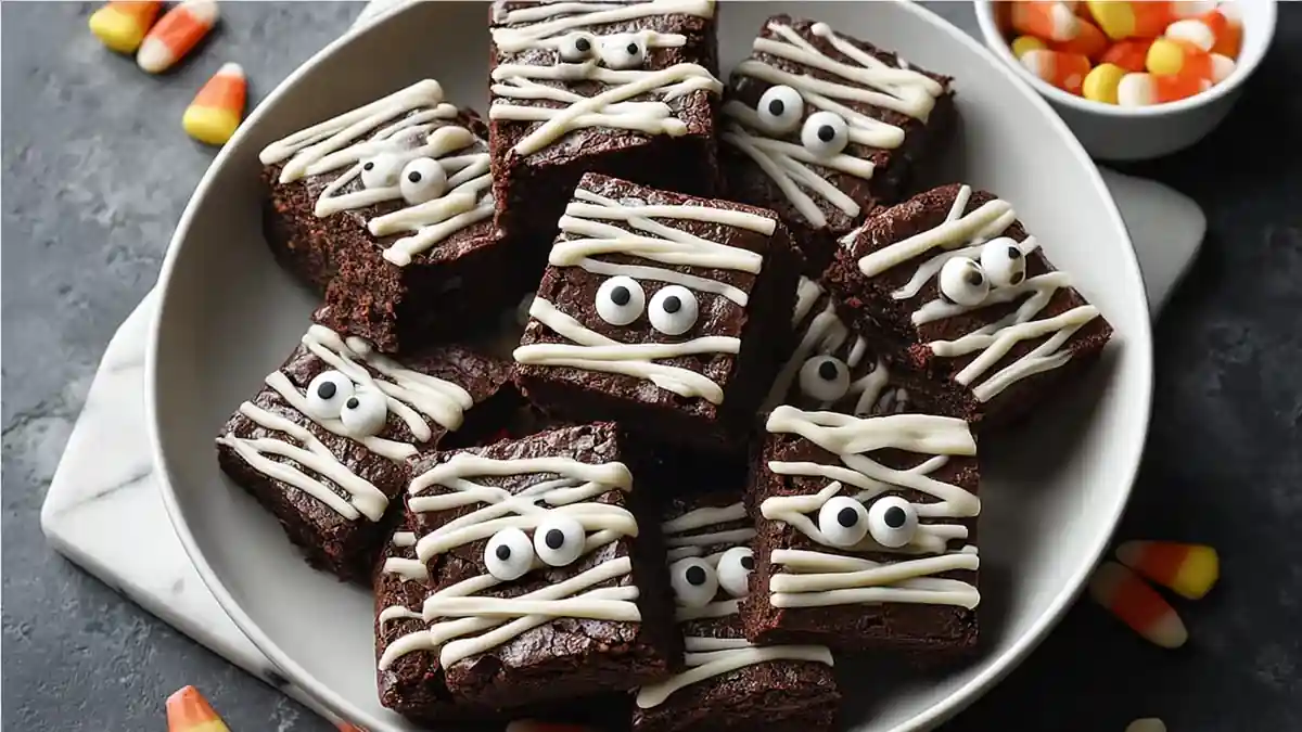 Halloween mummy brownies with candy eyes and white icing on dark chocolate base