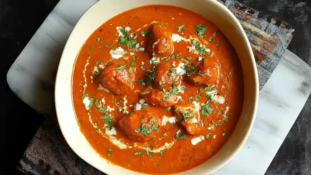 bowl of creamy butter chicken garnished with cilantro and cream swirls
