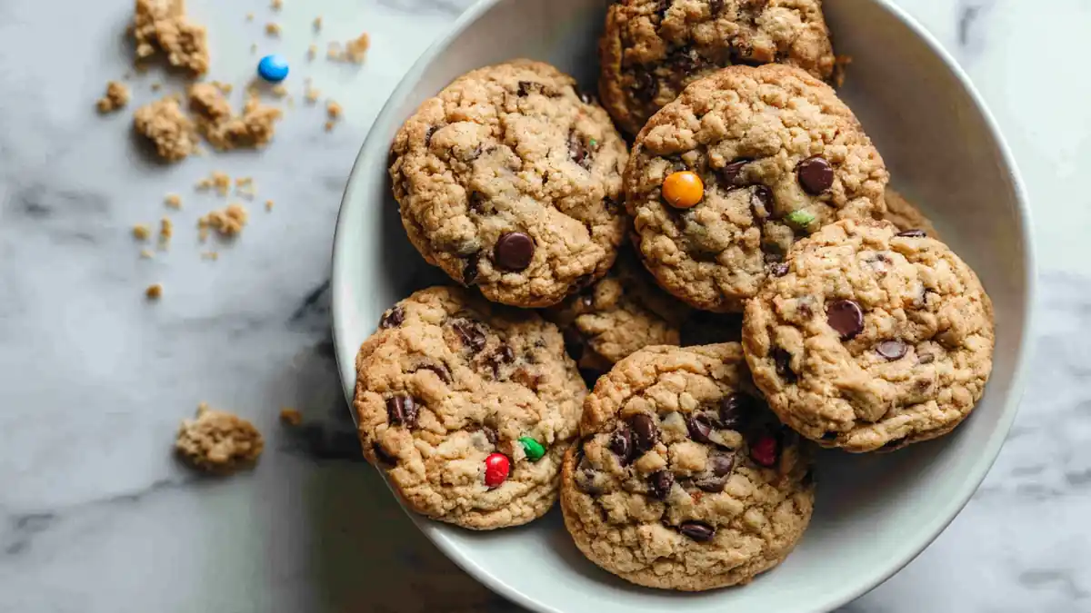 Chocolate chip cookies with colorful candy pieces in a bowl