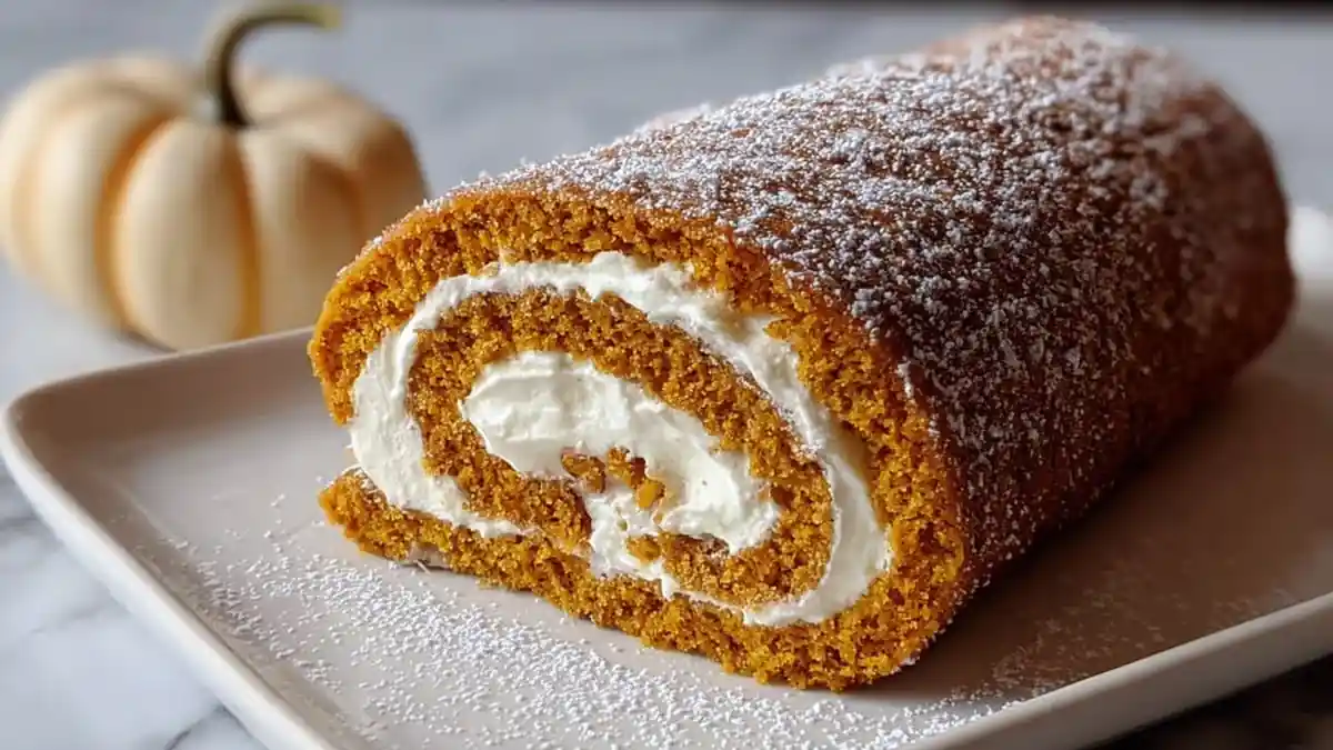 moist pumpkin roll cake filled with sweet cream cheese frosting, dusted with powdered sugar