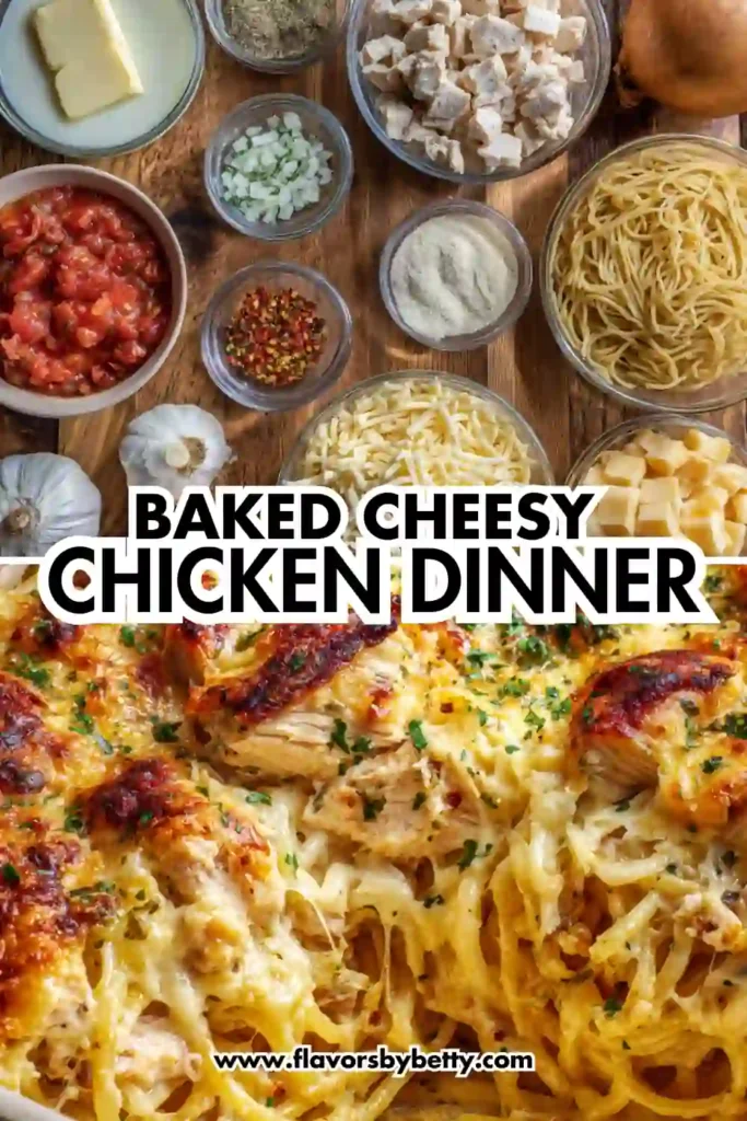 Flat lay of cheesy chicken spaghetti ingredients and finished baked dish with golden crust