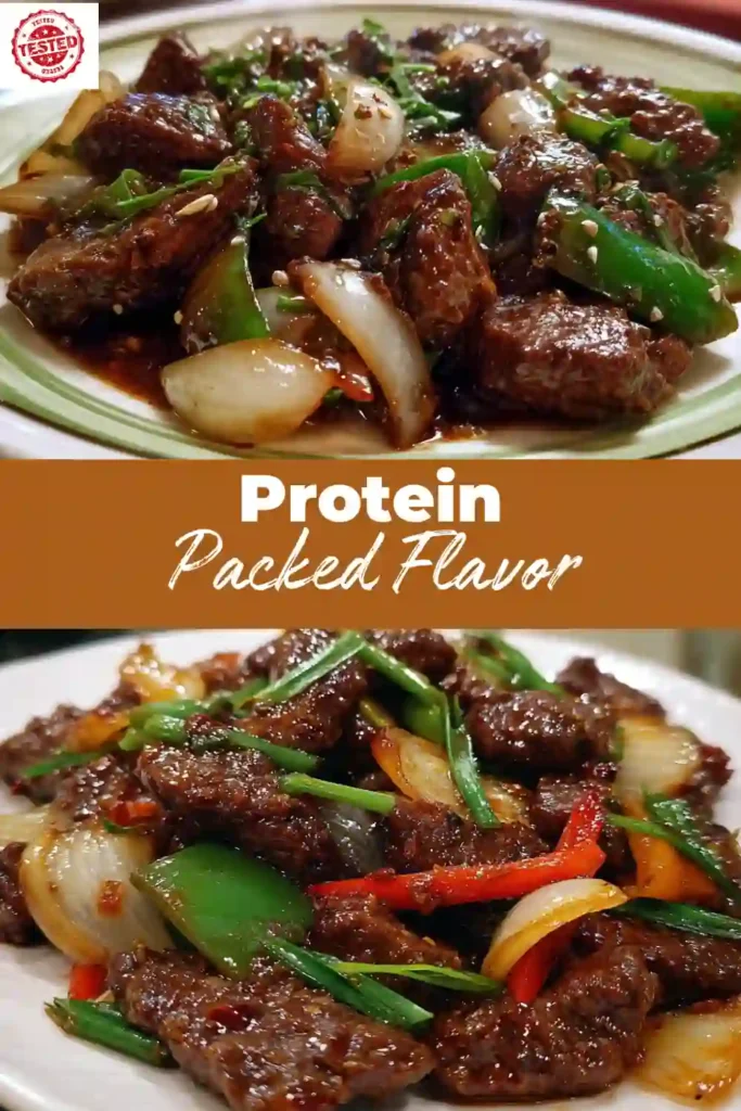 Beef stir-fry with green peppers, onions, and scallions in rich sauce, text overlay reads “Protein Packed Flavor”