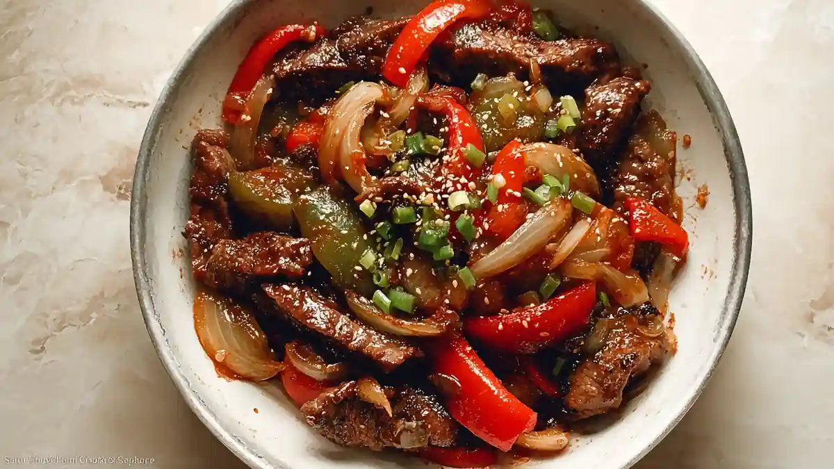Beef stir-fry with red peppers, green bell peppers, onions, and sesame seeds in a bowl