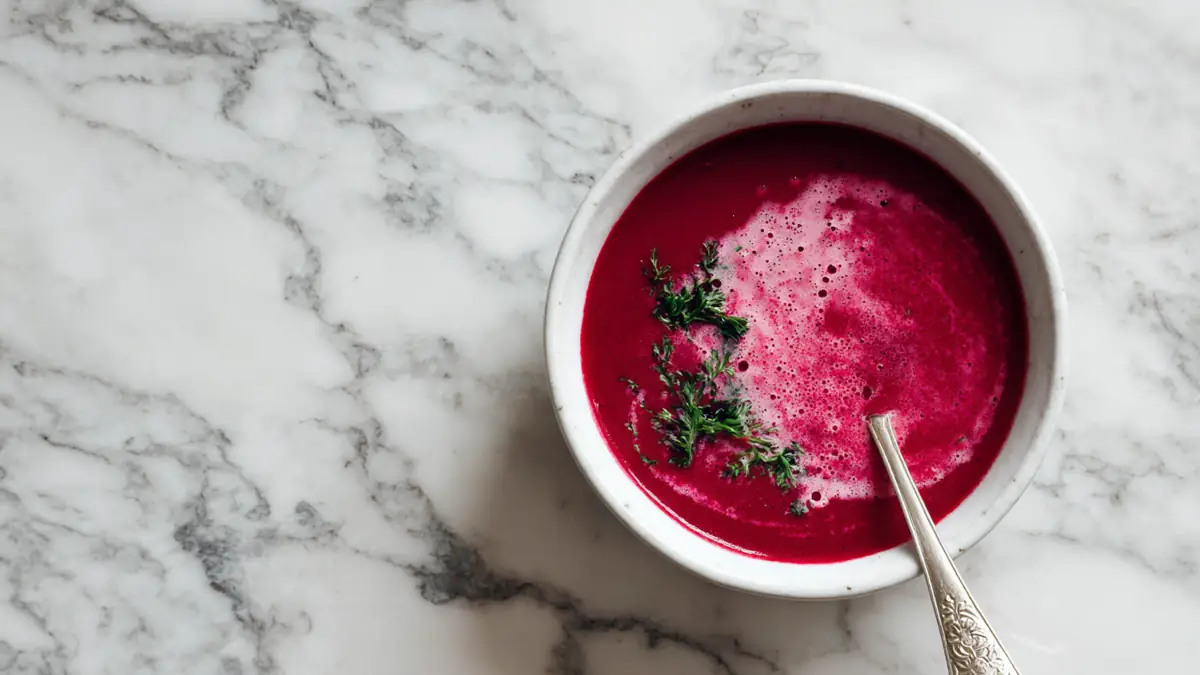 vibrant beet soup in white bowl with fresh herbs and ornate silver spoon on marble background