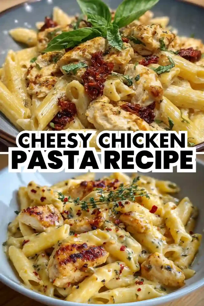 creamy chicken pasta with sun-dried tomatoes and fresh basil served in a bowl