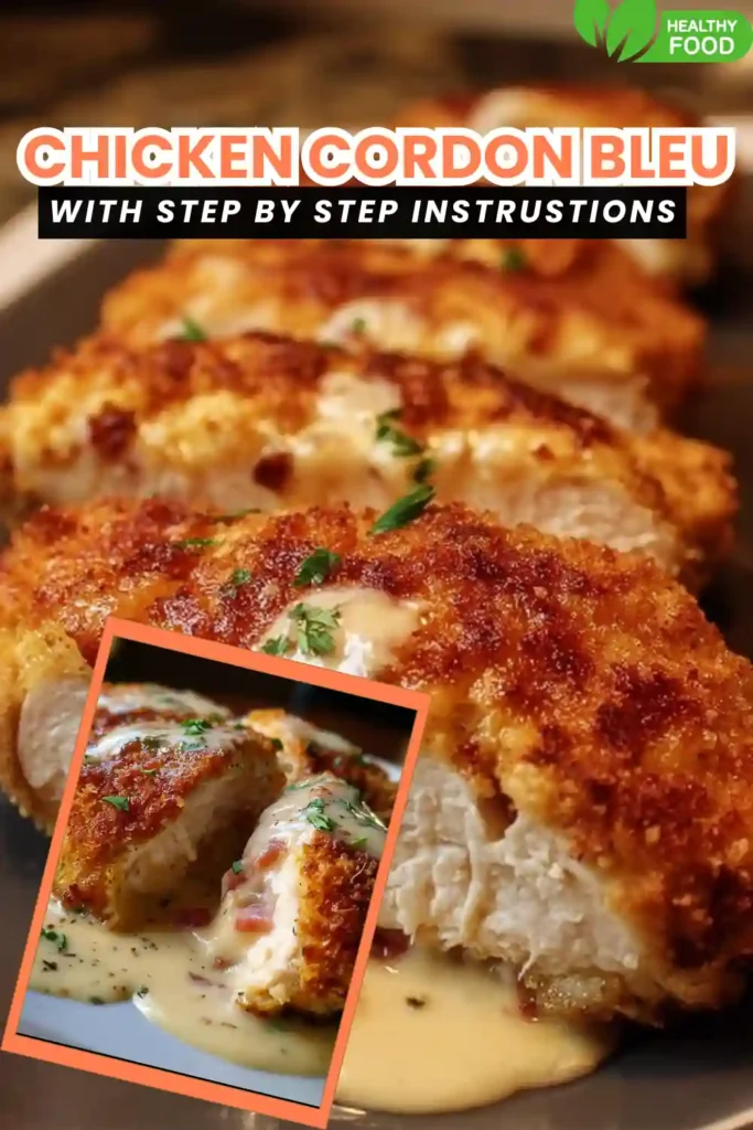 sliced chicken cordon bleu filled with ham and cheese, topped with creamy sauce