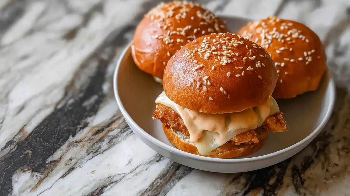 crispy chicken slider with sesame brioche bun and creamy sauce on marble table