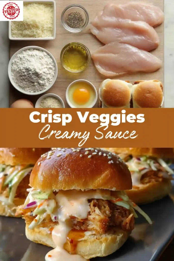 chicken sliders with slaw, creamy sauce, and fresh prep ingredients on wood board