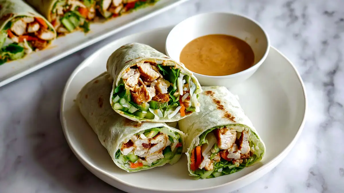 grilled chicken wraps with fresh vegetables and creamy dipping sauce on white plate