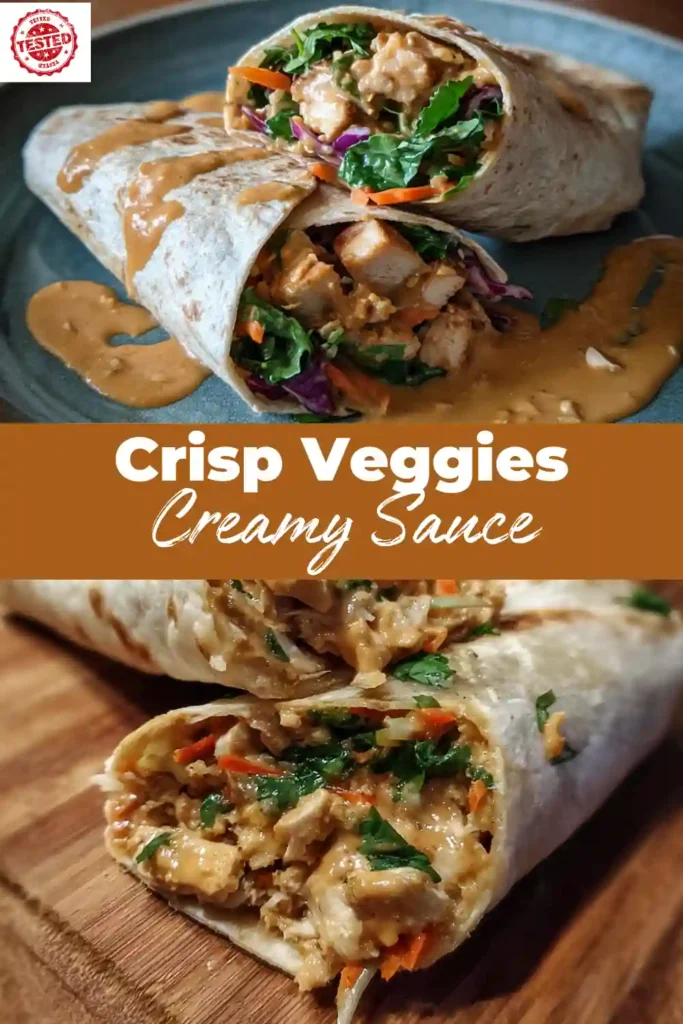 chicken wraps with crisp veggies and creamy sauce on plate and board