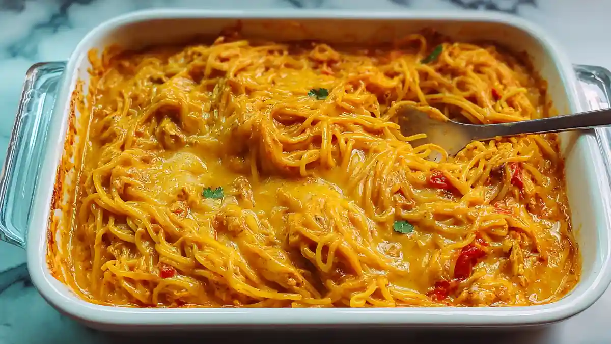 Creamy baked chicken spaghetti in a white casserole dish with golden cheese sauce and fresh herbs