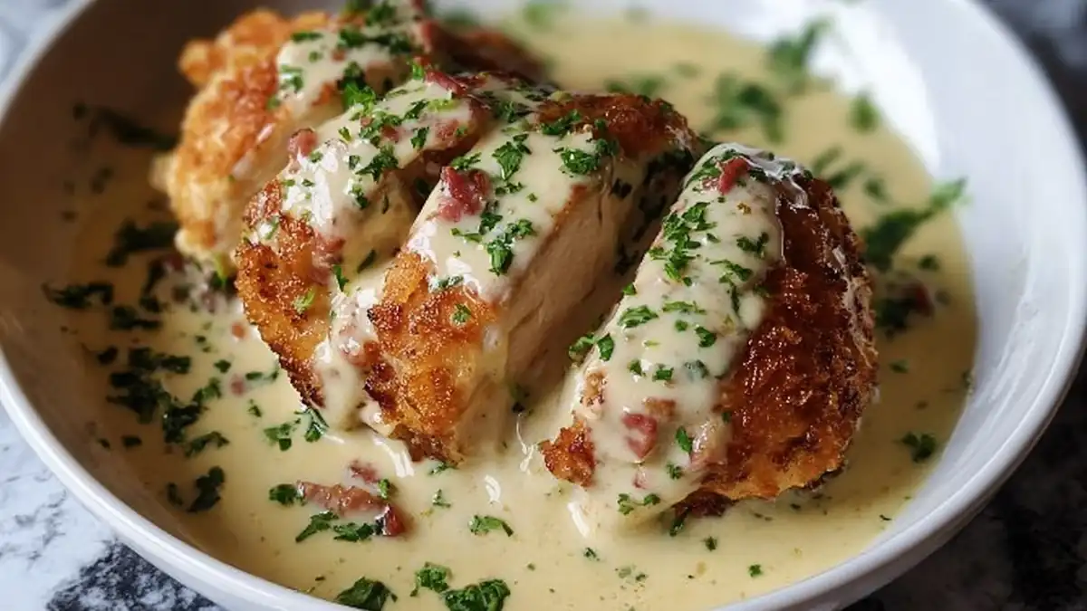sliced crispy chicken breast topped with creamy garlic sauce and bacon bits