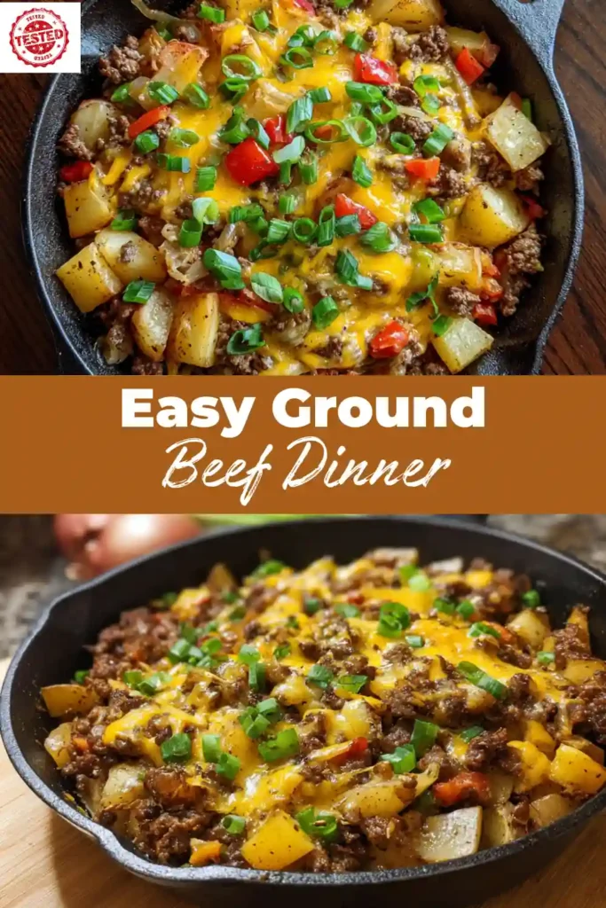 Cast iron skillet with cheesy ground beef, red bell peppers, and potatoes topped with green onions