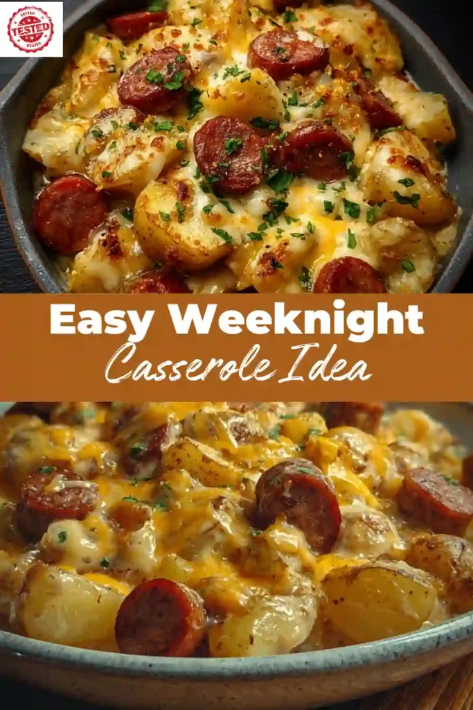 cheesy sausage and potato casserole in rustic bowls with melted cheese and herbs