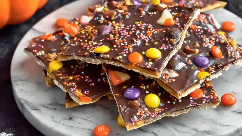 colorful Halloween chocolate bark topped with M&Ms, candy corn, and rainbow sprinkles on marble plate