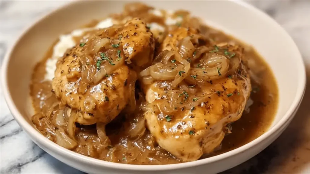 juicy chicken breasts covered in onion gravy served over mashed potatoes in a white bowl