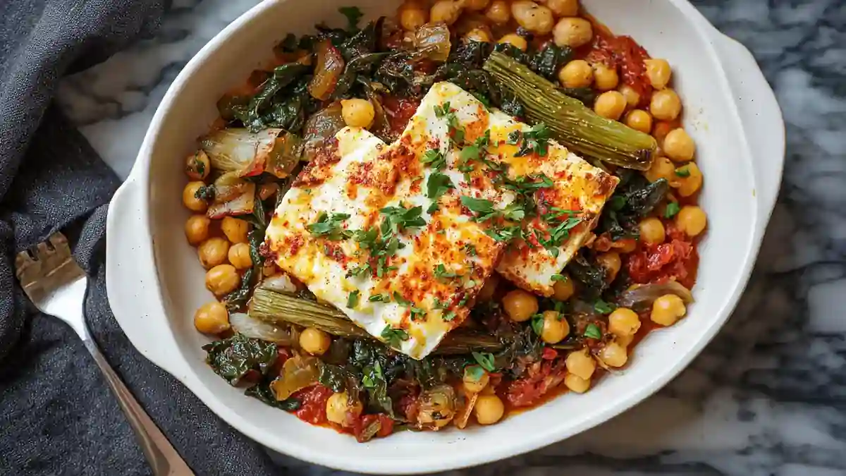 Spiced baked feta with chickpeas, chard, and stewed tomatoes in a white ceramic dish